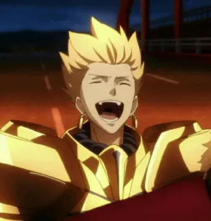 ✨ Gilgamesh Fate/Stay Night anime, Gilgamesz, śmiejący się, złota zbroja, arogancki telegram sticker