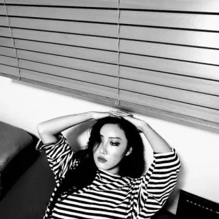 🖤 mujer, retrato, blanco y negro, interior, persona, camisa a rayas, persianas telegram sticker