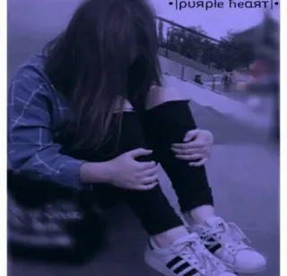 🙁 • Purple heart • mujer, triste, morado, corazón, sentada, sola telegram sticker