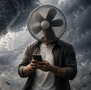 💨 fan head, surreal, person with fan, man with phone, stormy weather, conceptual art, surreal photography telegram sticker