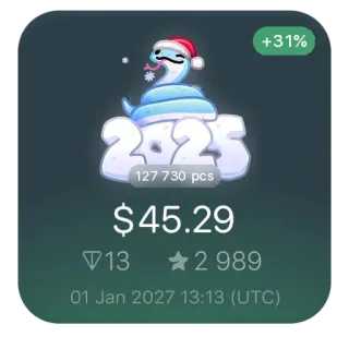 🐍 +31%
2025
127 730 pcs
$45.29
132 989
01 Jan 2027 13:13 (UTC) 金融, 市场, 股票, 投资, 新年 telegram sticker