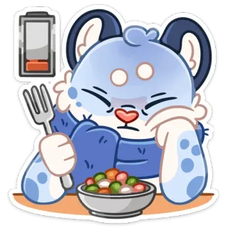 😫 การ์ตูน, สัตว์, แมว, แบตเตอรี่, แบตเตอรี่ต่ำ, อาหาร, เหนื่อย, กิน whatsapp sticker