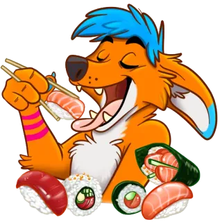🍣 Sushi, Nourriture, Dessin animé, Orange, Personnage, Baguettes, Poisson, Riz whatsapp sticker