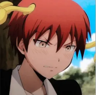 ✨ Karma Akabane Assassination Classroom anime, boy, red hair, angry, student telegram sticker
