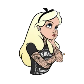 😒 Alice Alice in Wonderland Jack Daniel's Tennessee Whiskey 爱丽丝梦游仙境, 杰克丹尼, 纹身, 威士忌, 迪士尼, 粉丝作品, 酒精 whatsapp sticker