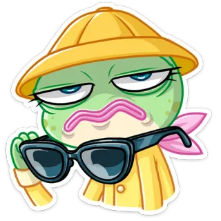 😎 лягушка, мультик, солнцезащитные очки, желтый, шляпа, смешной, персонаж, эмодзи telegram sticker