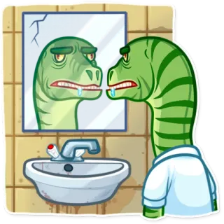 😪 dinosaur, mirror, bathroom, sad, green, cartoon, reflection telegram sticker