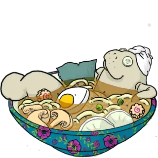🍜 Рамен, Еда, Ламантин, Лапша, Миска, Мультфильм, Милый whatsapp sticker