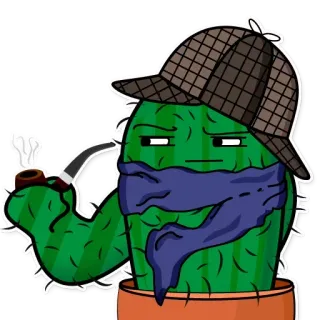 😧 선인장, 탐정, 파이프, 모자, 화분, 만화, 식물 telegram sticker