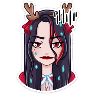 😖 kartun, wanita, berkeringat, khawatir, tanduk rusa, Natal telegram sticker