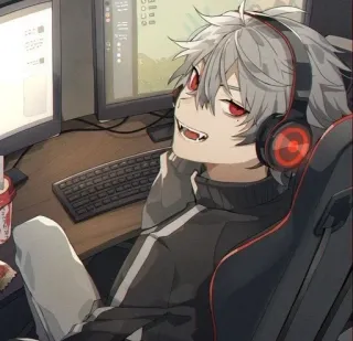 🤍 anime, gamer, headphones, red eyes, computer, illustration whatsapp sticker