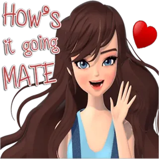 😃 How's it going MATE Desenho animado, Saudação, Casual, Amigo, Mulher, Coração, Cabelo castanho telegram sticker