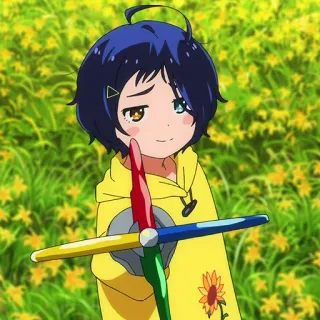 🥚 Ai Ohto Wonder Egg Priority アニメ, 女の子, 黄色いパーカー, 花, キャラクター, 可愛い telegram sticker