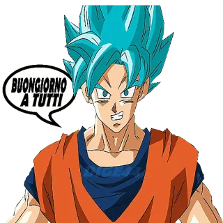 🛏 Goku Dragon Ball BUONGIORNO A TUTTI goku, dragon ball, anime, cartone animato, ciao, buongiorno, saluto, capelli blu whatsapp sticker