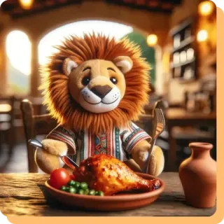 🧘‍♂️ lew, pluszak, jedzenie, kurczak, restauracja, kolacja whatsapp sticker
