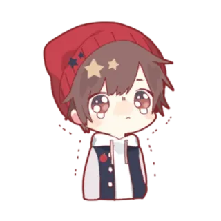 😢 sticker, cartoon, anime, boy, cute, red hat, stars telegram sticker