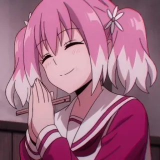 🙏 Anime, Mädchen, pinke Haare, Schuluniform, Essstäbchen telegram sticker