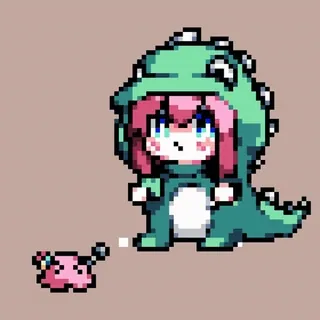 🦖 anime, dinozaur, pixel art, słodkie, kawaii, dziewczyna, bluza z kapturem telegram sticker