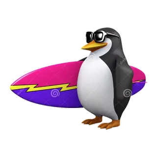 🏄 chim cánh cụt, lướt sóng, ván lướt sóng, kính râm, mùa hè, bãi biển, phim hoạt hình telegram sticker