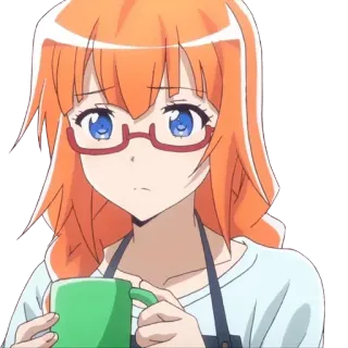 ☕️ 动漫, 女人, 眼镜, 橙色头发, 咖啡, 可爱, 围裙 telegram sticker