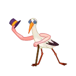 👋 cicogna, cartone animato, uccello, cilindro, bastone, personaggio telegram sticker