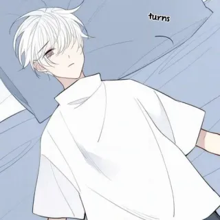 🥞 turns boy, anime, white hair, lying, bed, manga telegram sticker