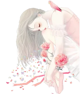 😔 fille, oiseau, rose, illustration, mignon, joli, dessin, oeuvre d'art telegram sticker