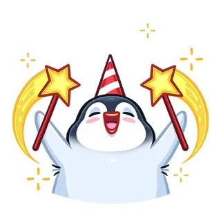 🪄 Pinguin, Party, Feier, Fröhlich, Sterne, Zauberstäbe, Cartoon, Spaß telegram sticker