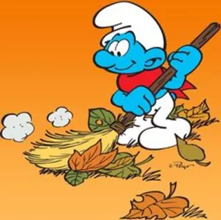 🍂 Smurf การ์ตูน, ทำความสะอาด, สเมิร์ฟ, ฤดูใบไม้ร่วง, ใบไม้, กวาด, ฤดูใบไม้ร่วง, งานสวน whatsapp sticker