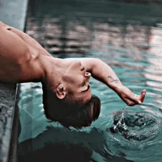 😪 swimming, pool, water, man, relaxing, summer, body, tattoos telegram sticker