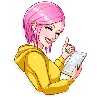 👍 woman, pink hair, hoodie, tablet, smiling, cartoon telegram sticker