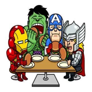 😀 Iron Man, Hulk, Captain America, Thor, Avengers, superheroes, eating, table, cartoon whatsapp sticker