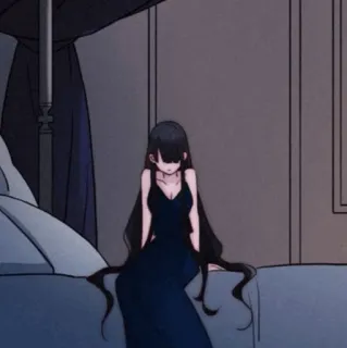 ✨ woman, dress, anime, cartoon, bedroom, long hair, sitting telegram sticker