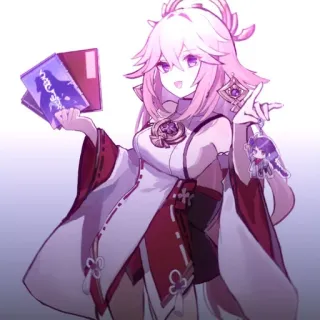 🔮 Yae Miko Genshin Impact 애니메이션, 비디오 게임, 분홍 머리, 여우, 키츠네 whatsapp sticker