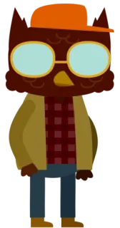🦉 coruja, desenho animado, antropomórfico, personagem, óculos, chapéu, fofo whatsapp sticker