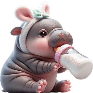 😋 ippopotamo, bambino, carino, animale, illustrazione, cartone animato, biberon, infante telegram sticker