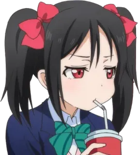 😒 Nico Yazawa Love Live! anime, cute, drink, red eyes, pigtails, Nico Yazawa, Love Live! telegram sticker