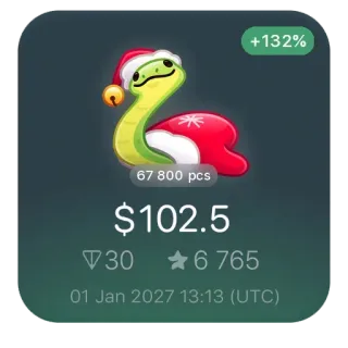 🐍 +132%
67 800 pcs
$102.5
30 6 765
01 Jan 2027 13:13 (UTC) 蛇, 圣诞节, 钱, 金融, 投资, 增长, 圣诞帽 telegram sticker