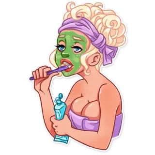 😬 Frau, Schönheit, Hautpflege, Zähne, blond, Maske, Zahnbürste telegram sticker
