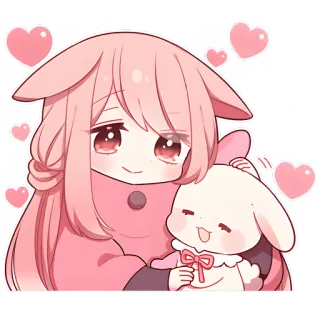 🤗 Anime, Garota, Rosa, Coração, Bonito, Kawaii, Coelho, Adorável whatsapp sticker