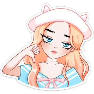 👎 Аниме, Девушка, Дизлайк, Палец вниз, Мультфильм, Шапка с кошачьими ушками, Светлые волосы telegram sticker