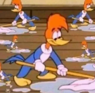 🧹 Woody Woodpecker การ์ตูน, นกหัวขวาน, ไม้ถูพื้น, ทำความสะอาด, แอนิเมชั่น telegram sticker