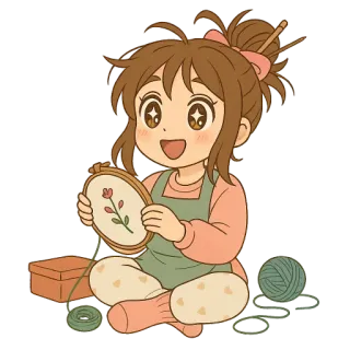 🤩 bordado, artesanato, agulha, costura, hobby, fofo, menina, ilustração telegram sticker