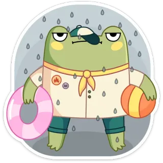😐 กบ, การ์ตูน, ห่วงยาง, ลูกบอล, ฝน, เศร้า telegram sticker