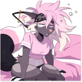 😵 Loona Helluva Boss Bad loona, helluva boss, furry, pink hair, tired, sleepy, bed, anthro whatsapp sticker