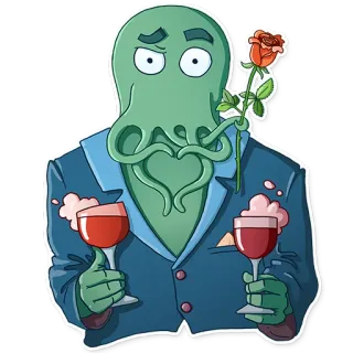 ❤ Krake, Wein, Rose, Romantisch, Cartoon, Sticker, Figur, Illustration telegram sticker