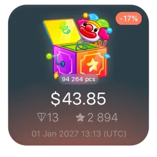 📦 -17%
94 264 pcs
$43.85
01 Jan 2027 13:13 (UTC) 折扣, 价格, 促销, 优惠, 杰克盒子, 小丑 telegram sticker