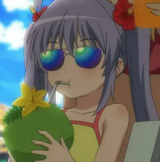 🥥 アニメ, 女の子, ビーチ, 夏, ココナッツ, サングラス telegram sticker