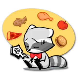 🍔 raton laveur, nourriture, faim, dessin animé, pomme, poisson, pizza, poulet, burger whatsapp sticker
