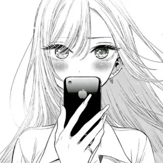 ❤️ fille anime, manga, mignon, selfie, noir et blanc, illustration whatsapp sticker